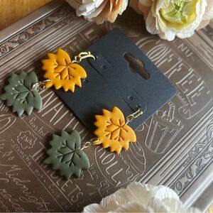 Handmade Autumn Leaf Dangle Earrings - Mustard and Olive polymer clay